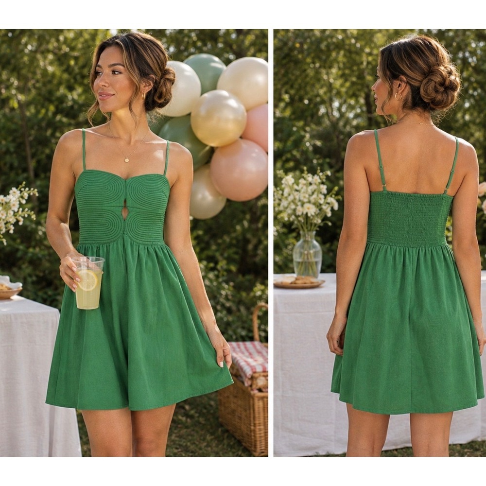 Strut & Bolt Green Cotton Linen Mini Dress Small Corded Bodice Cutout D-10460-H